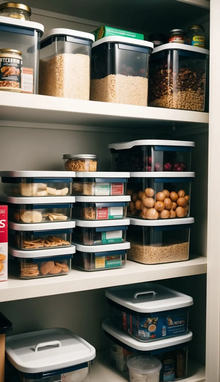 Stackable bins neatly organize pantry items on shelves