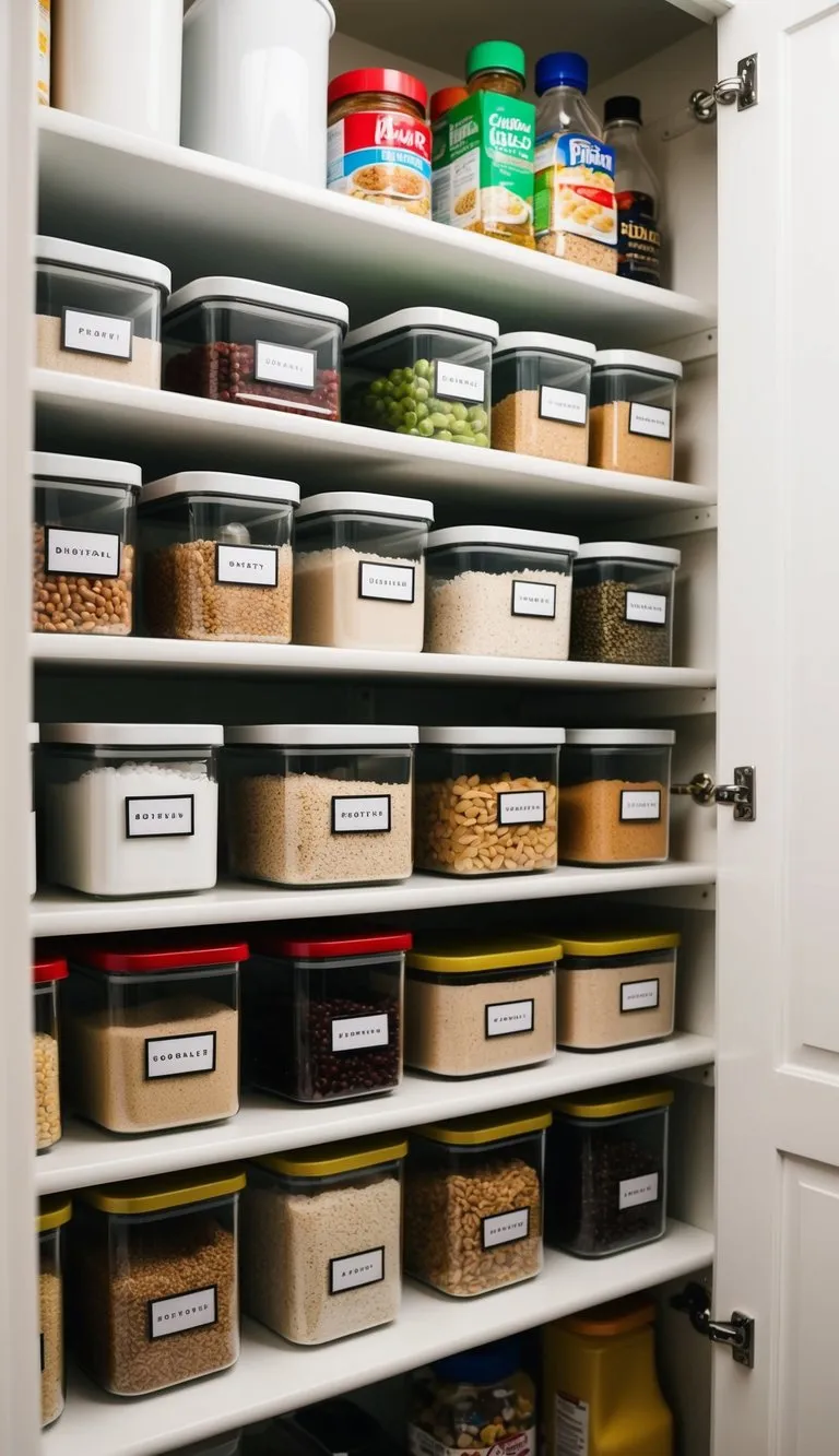 A small kitchen pantry with 12 labeled containers neatly organized on shelves