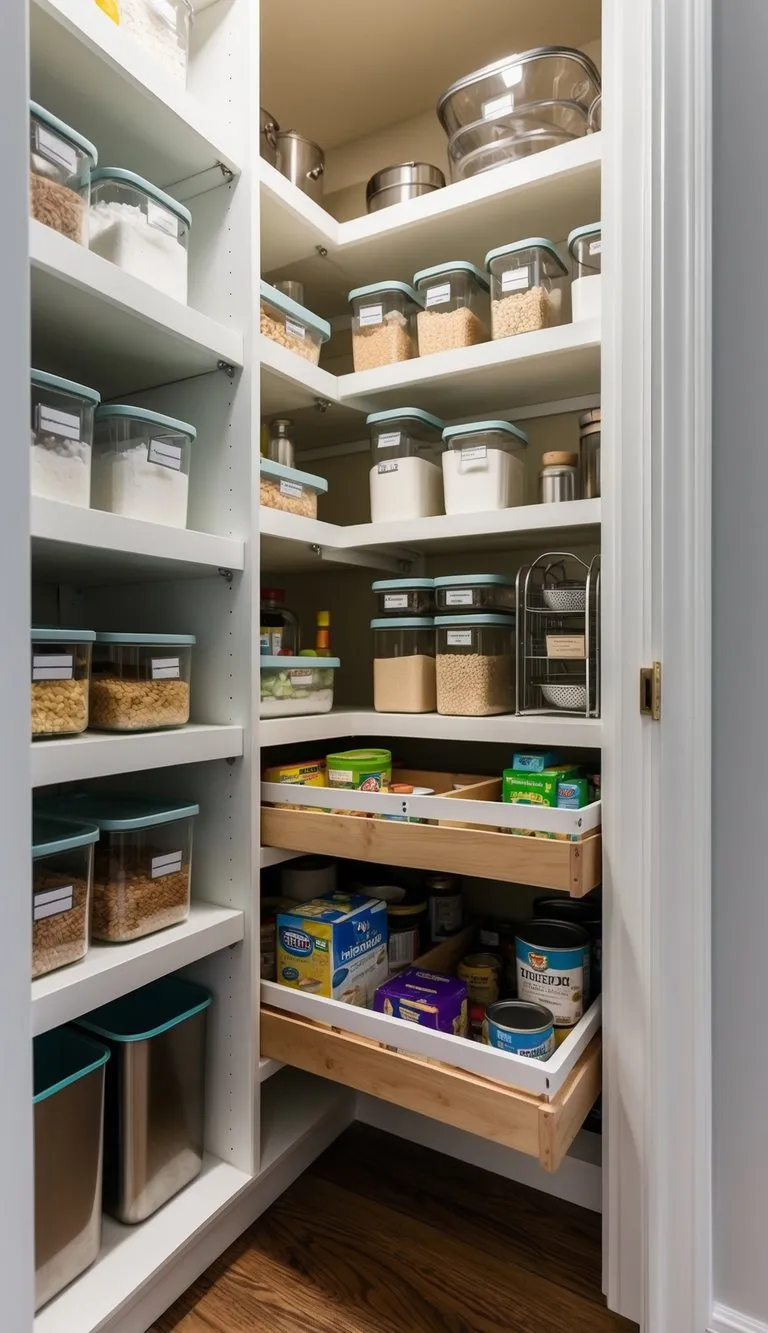 A small kitchen pantry with organized shelves, labeled containers, and pull-out drawers. Efficient use of space with adjustable shelving and clever storage solutions
