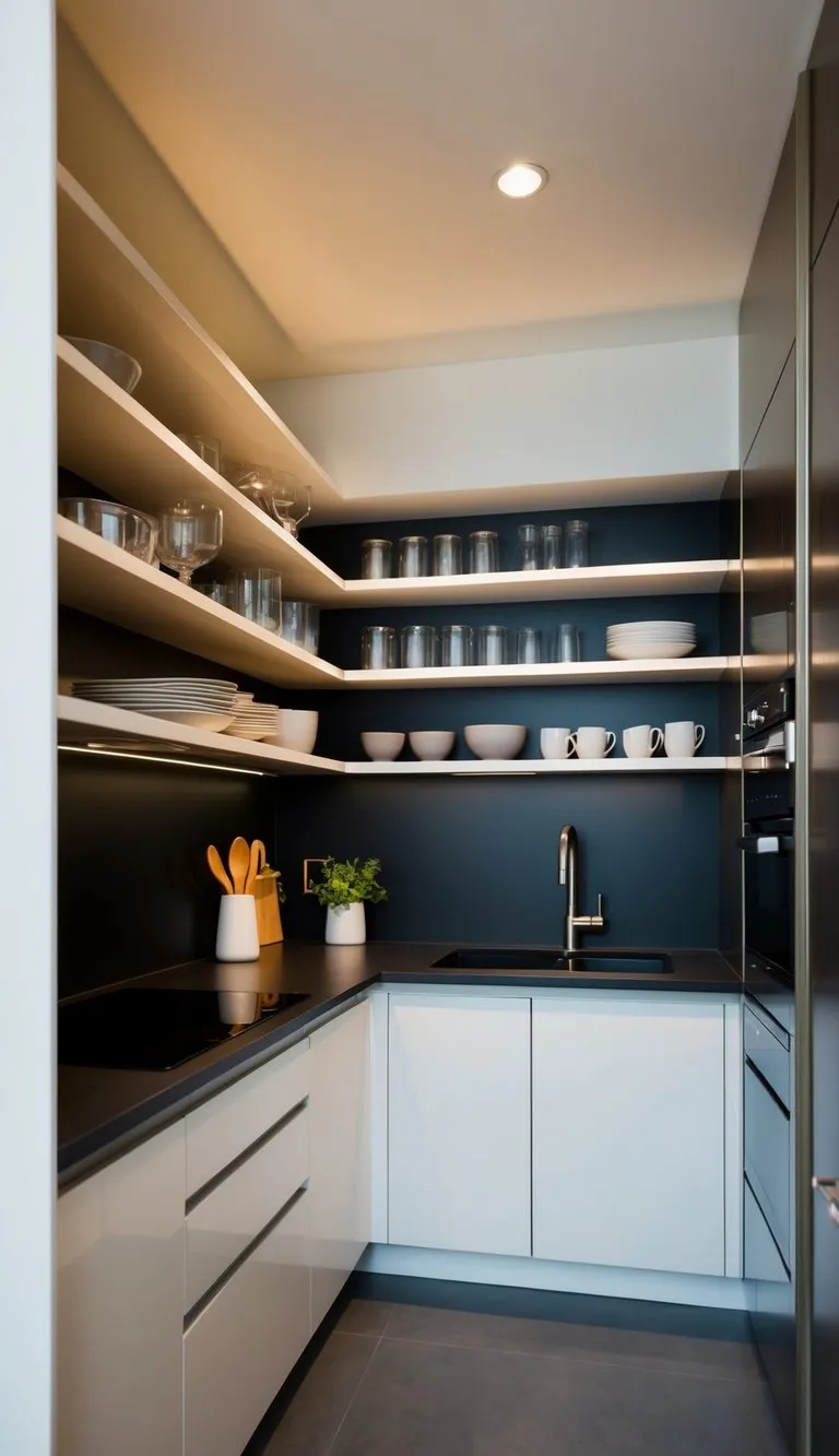 Open shelving displays small U-shaped kitchen with sleek, modern design, maximizing space and functionality