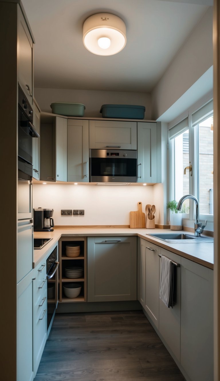 A small U-shaped kitchen with cleverly organized cupboards and storage solutions to maximize space