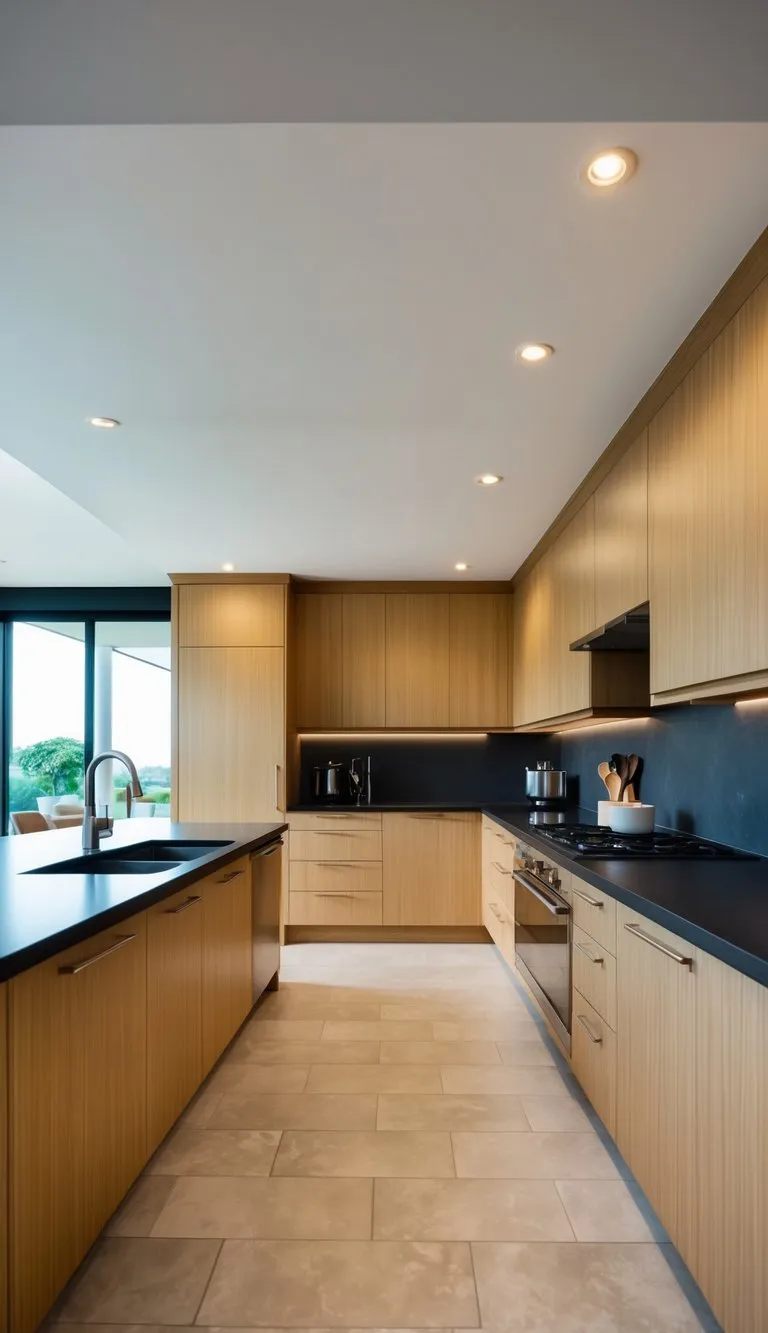 An L-shaped kitchen with spacious floor plans for flexibility