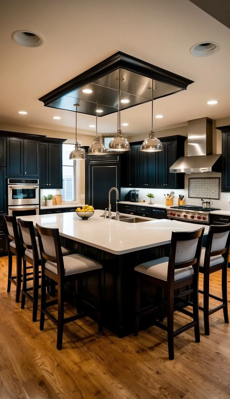 A spacious island kitchen with multiple cooking stations and ample seating for socializing
