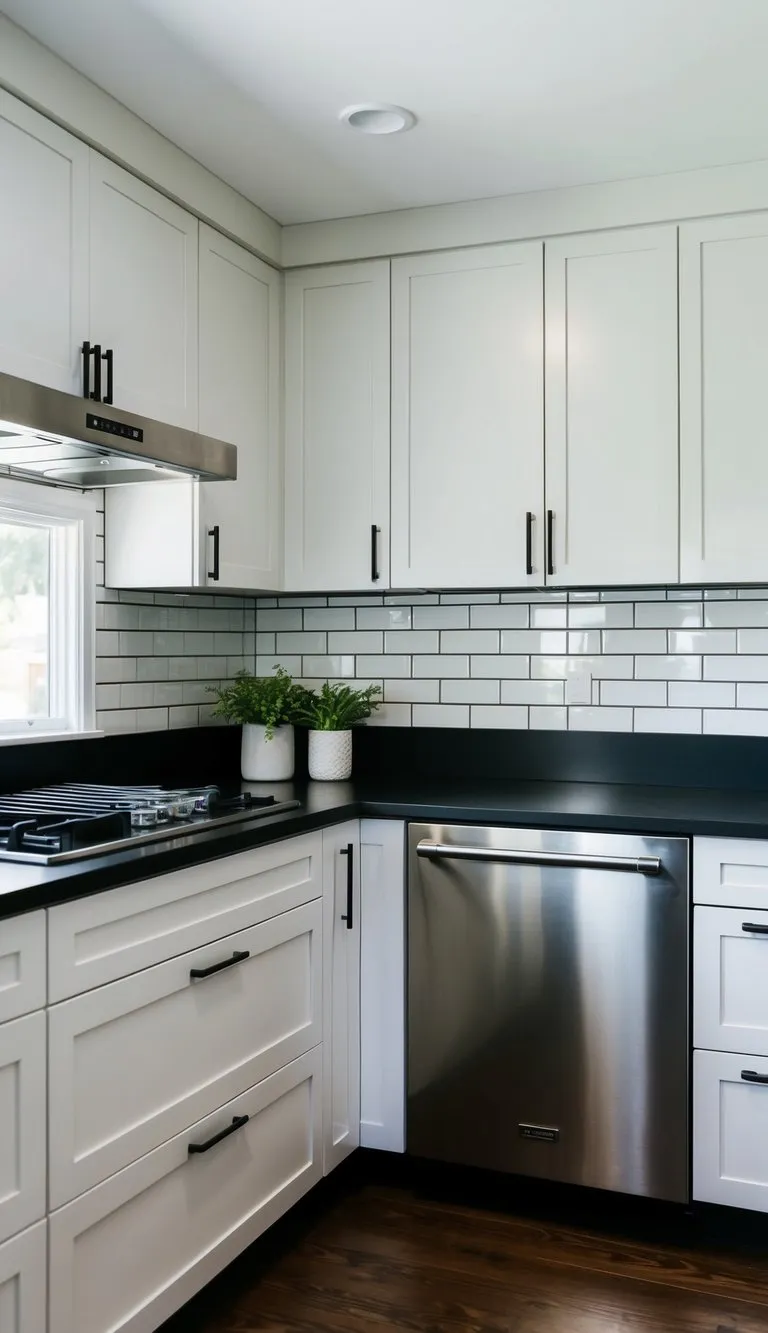 A modern kitchen with a sleek, white subway tile backsplash and contrasting dark grout. Stainless steel appliances and natural light