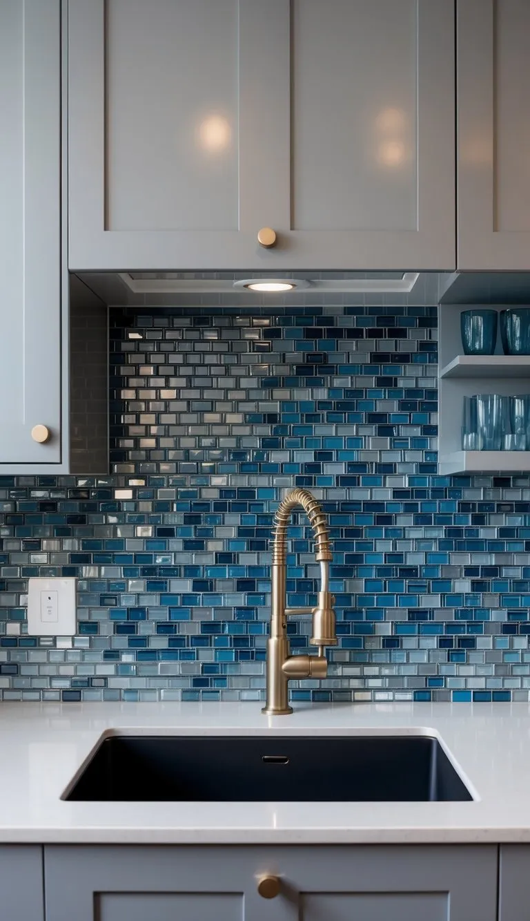 kitchen backsplash ideas: A modern kitchen with a sleek, mosaic tile backsplash in shades of blue and gray. The tiles are arranged in an elegant and intricate pattern, adding a touch of sophistication to the space