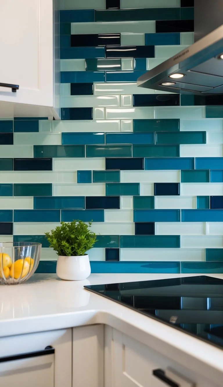 A modern kitchen with sleek glass subway tiles in various colors arranged in a geometric pattern for a stylish and contemporary backsplash
