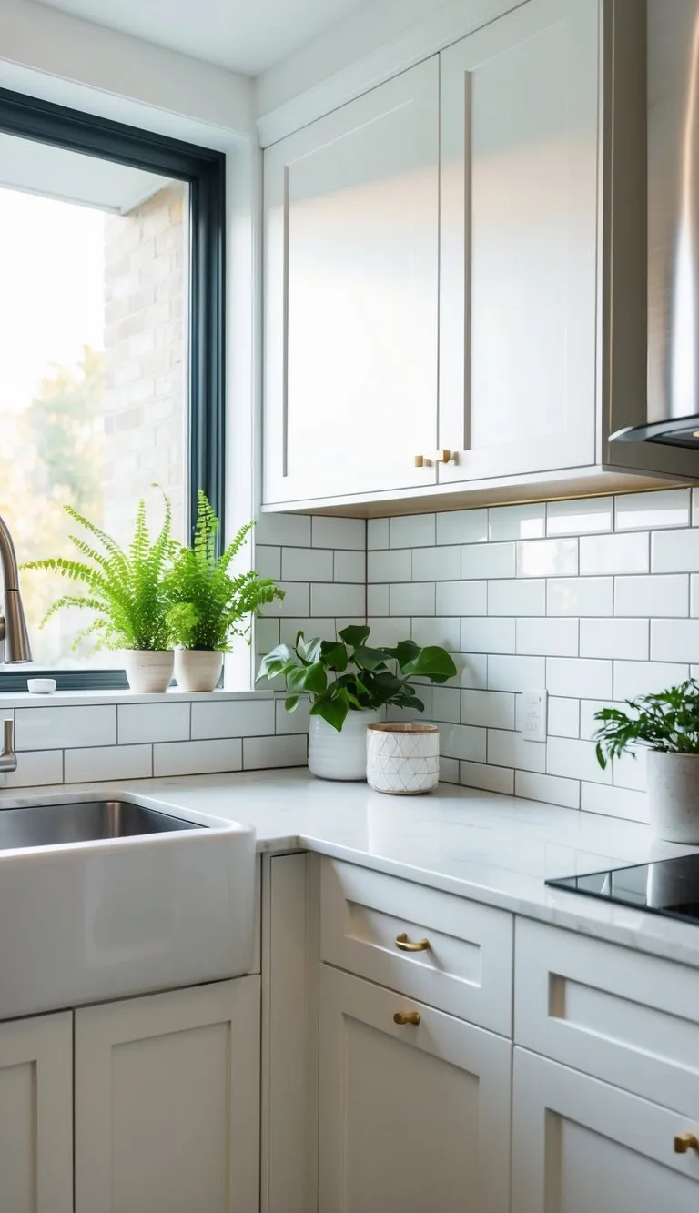 A bright, modern kitchen with white subway tile backsplash, accented with green plants and natural light streaming in from a window