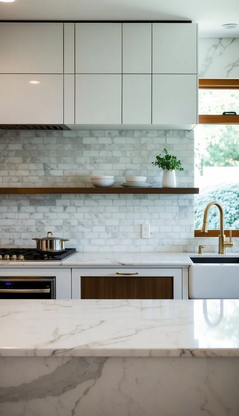 A modern kitchen with white marble mosaic tiles covering the entire backsplash, creating a sleek and elegant design