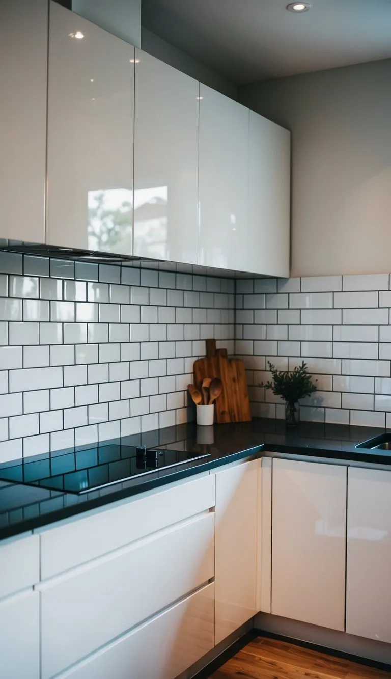 A modern kitchen with glossy white subway tiles as the backsplash