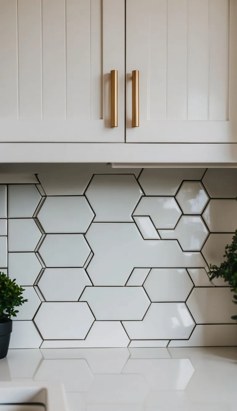Hexagonal white tiles arranged in a geometric pattern on a kitchen backsplash
