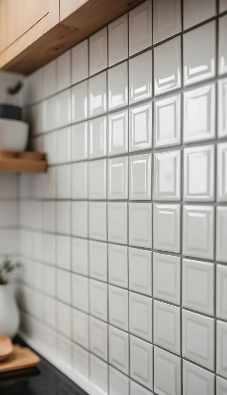 A close-up of 10 white textured ceramic tiles arranged in a kitchen backsplash pattern