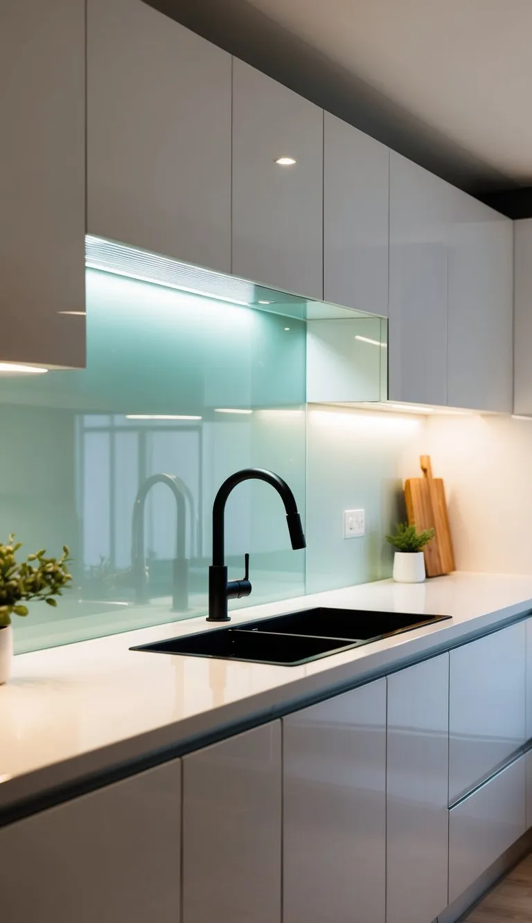A white glass splashback reflects light in a modern kitchen, surrounded by sleek white cabinets and countertops