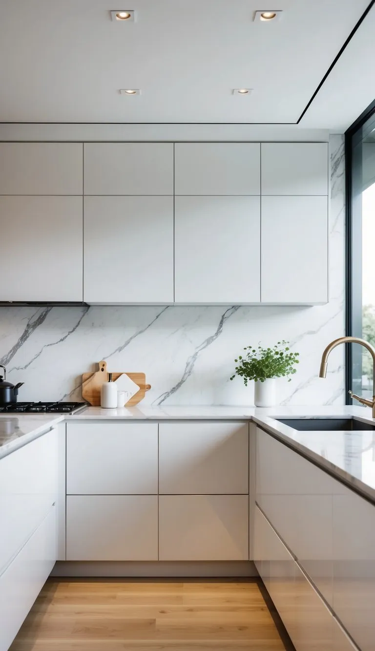 A sleek, modern kitchen with a Carrara marble backsplash, featuring 10 different white design ideas