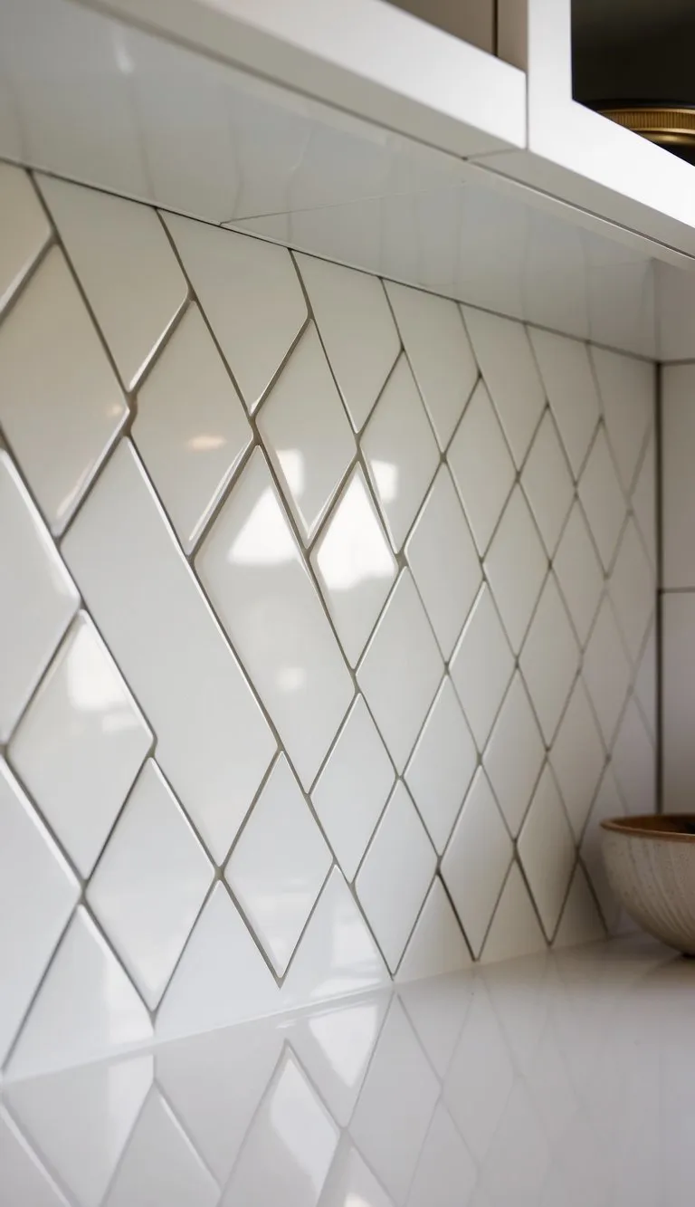 Diamond-shaped tiles in a white kitchen backsplash