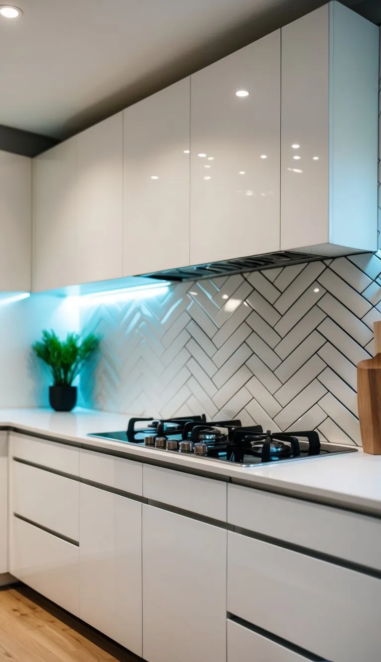 A modern kitchen with a sleek white chevron tile backsplash, reflecting light and adding a sense of depth and texture to the space