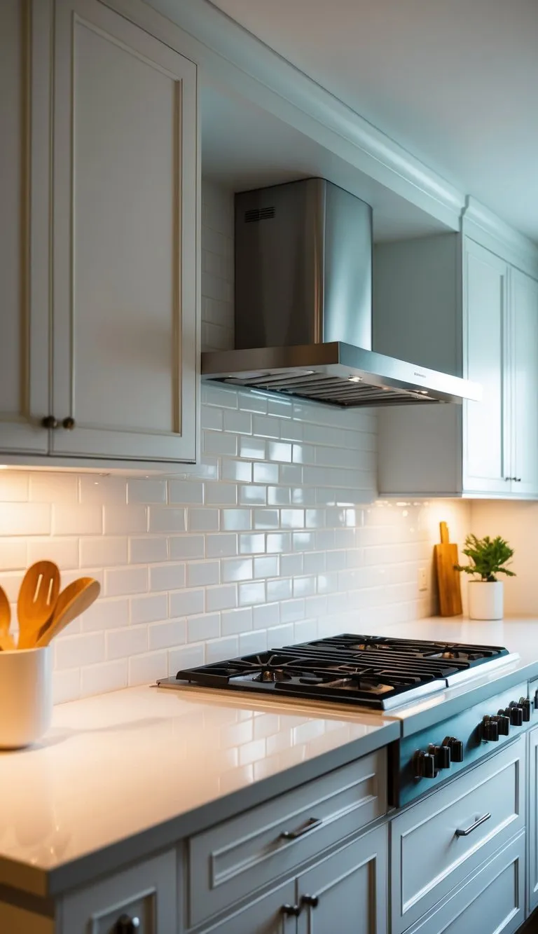 A modern kitchen with white brick slips backsplash, illuminated by natural light
