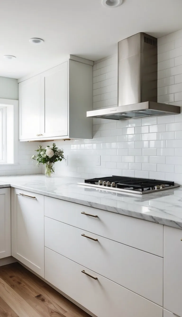 A modern white kitchen with sleek subway tile backsplash, marble countertops, and stainless steel appliances