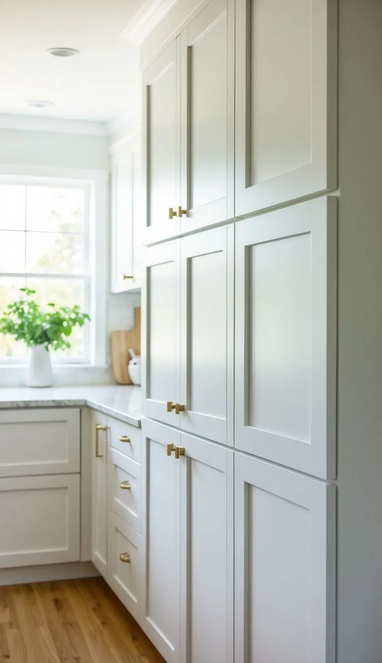A row of Shaker style kitchen cabinet doors, with simple, clean lines and recessed panels, in a bright, modern kitchen setting