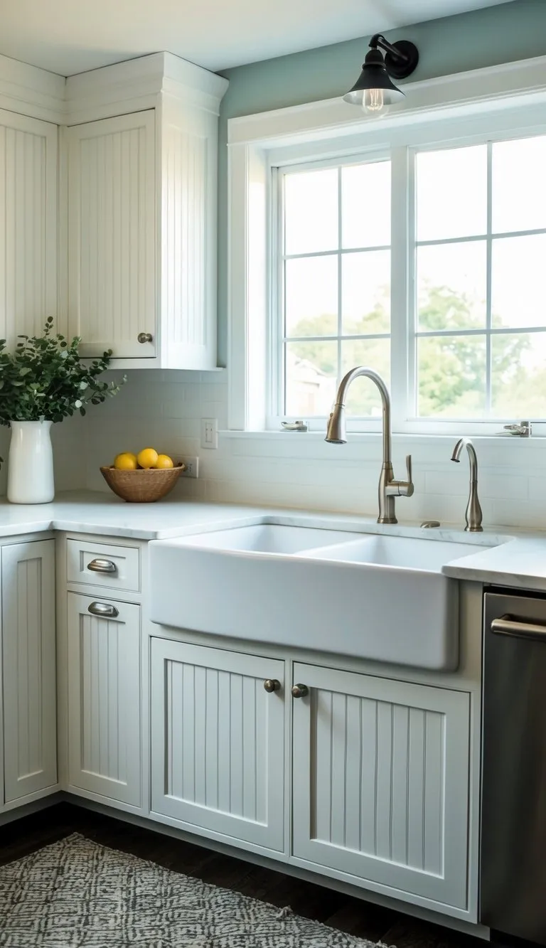 A kitchen with white beadboard style cabinet doors, brushed nickel hardware, and a farmhouse sink