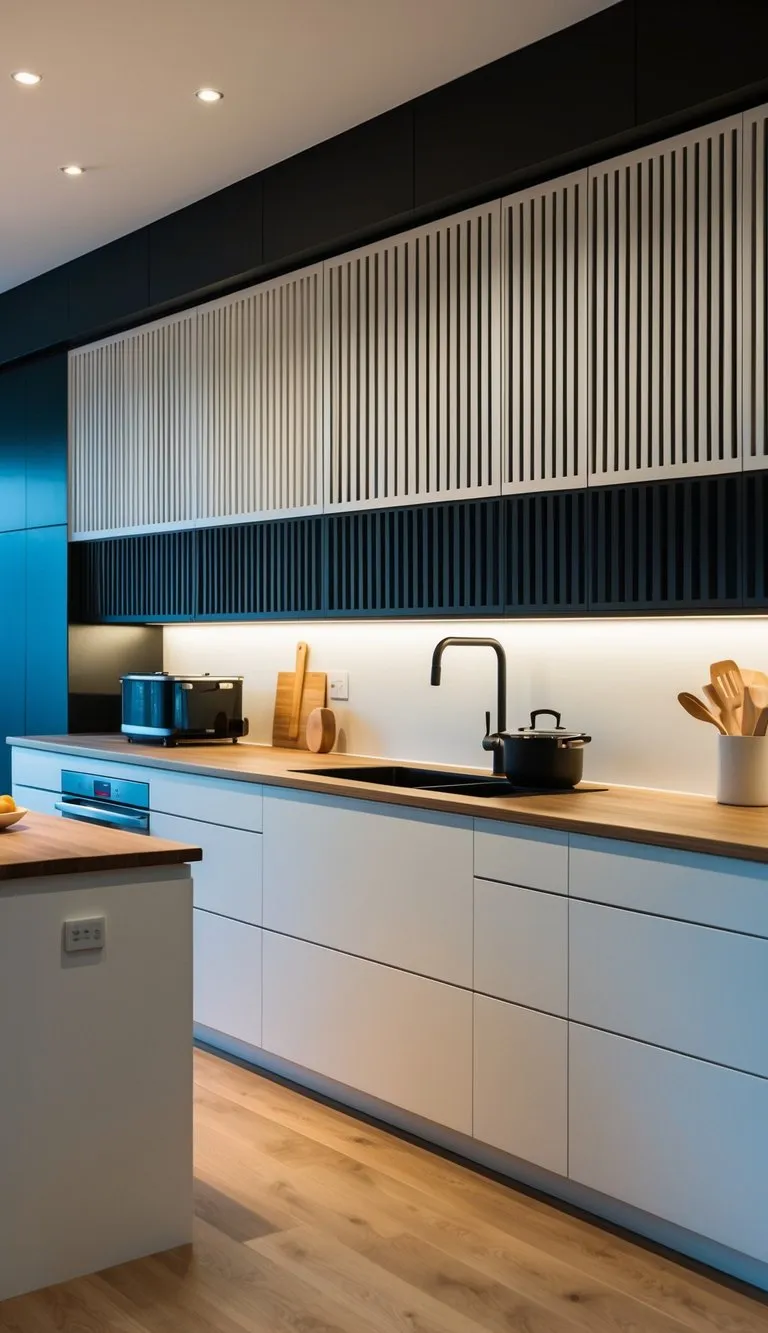 A modern kitchen with sleek, louvred cabinet doors in various styles
