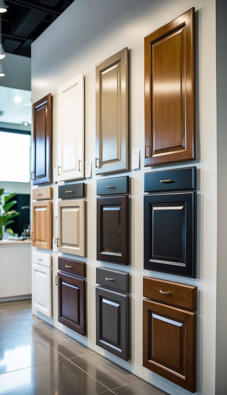 A variety of thermofoil finish styles on kitchen cabinet doors, displayed in a showroom setting with modern lighting and clean, minimalist surroundings