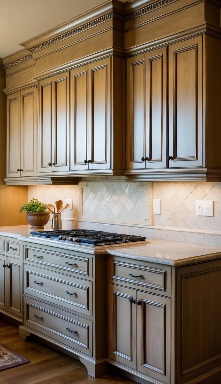 A kitchen cabinet with raised panel styles, framed by decorative molding, in a traditional or classic kitchen setting
