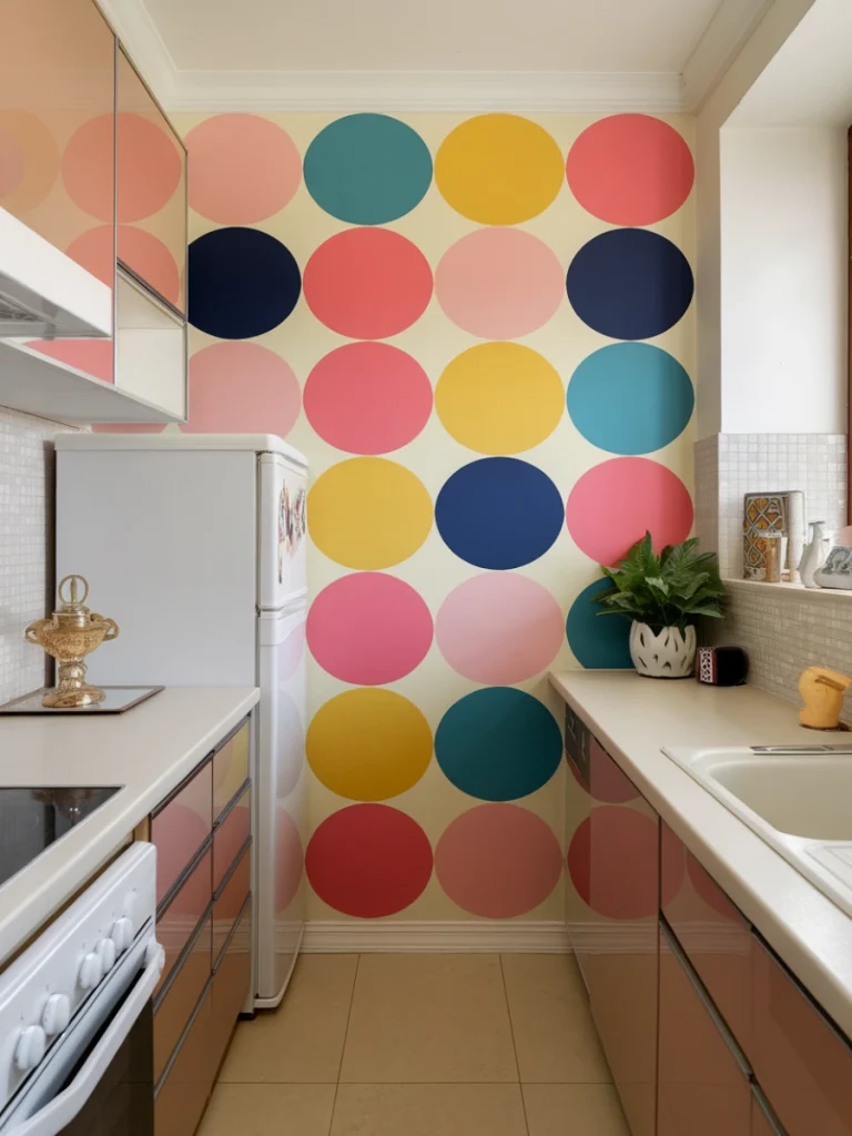 A small kitchen with a colourful accent wall featuring large circles in various colours.