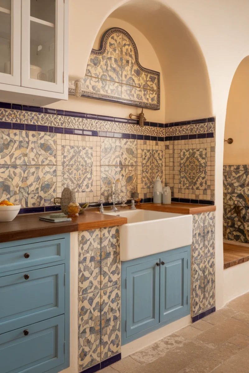 A kitchen featuring vintage-inspired mosaic wall tiles in various patterns and colors.
