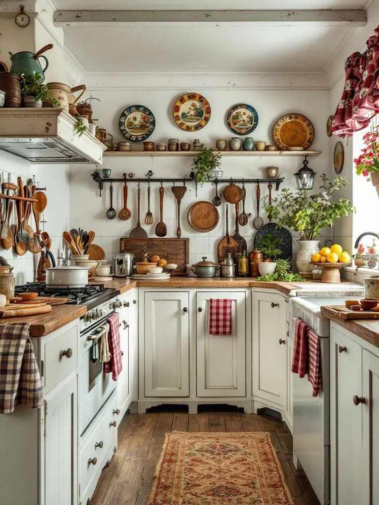 A cozy vintage kitchen filled with rustic decor and accessories.