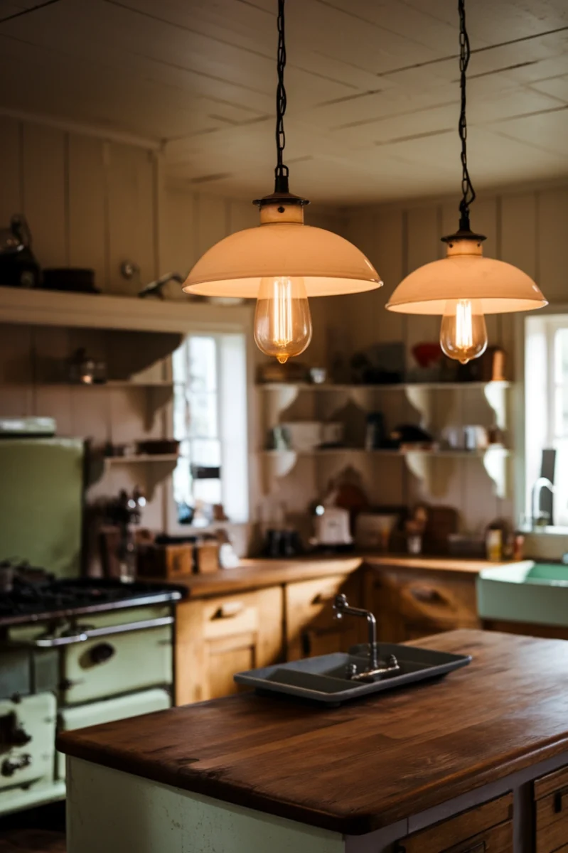 A cozy farmhouse kitchen featuring vintage pendant lighting over a wooden island