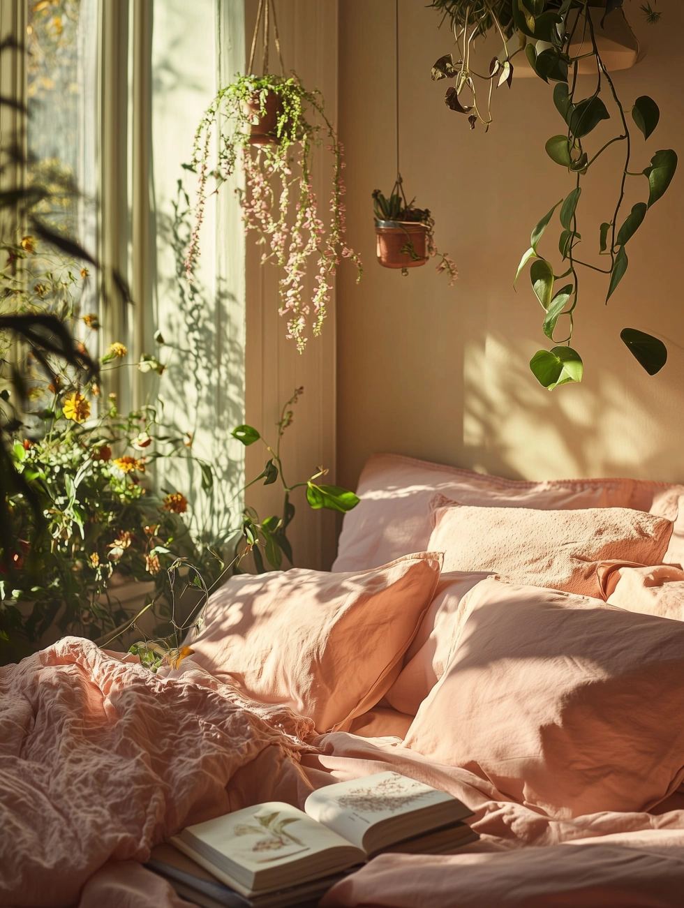 plants and books as bedroom decoration