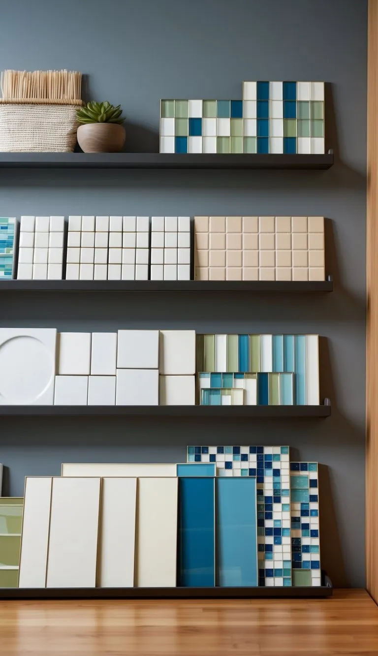 A kitchen wall with various tile samples displayed on shelves, including ceramic, porcelain, and glass options