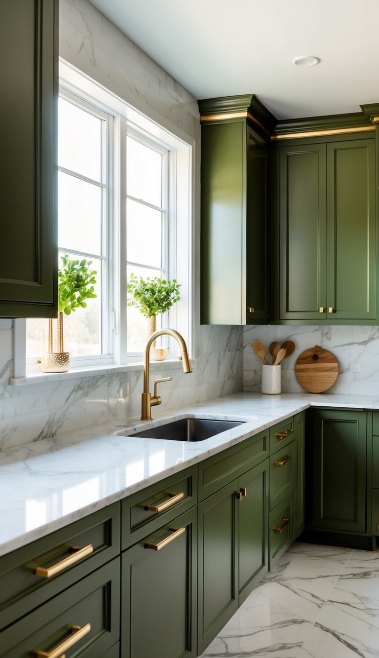 kitchen colour schemes: A modern kitchen with olive green cabinets, white marble countertops, and gold accents. A large window lets in natural light, illuminating the space