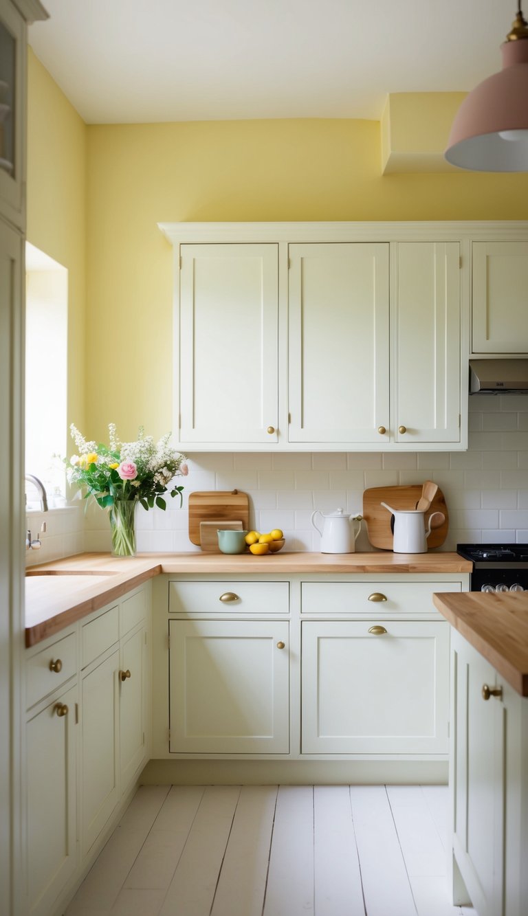 A cozy kitchen with soft pastel yellow walls, accented with white cabinets and light wood countertops. A vase of fresh flowers sits on the table, adding a touch of natural beauty