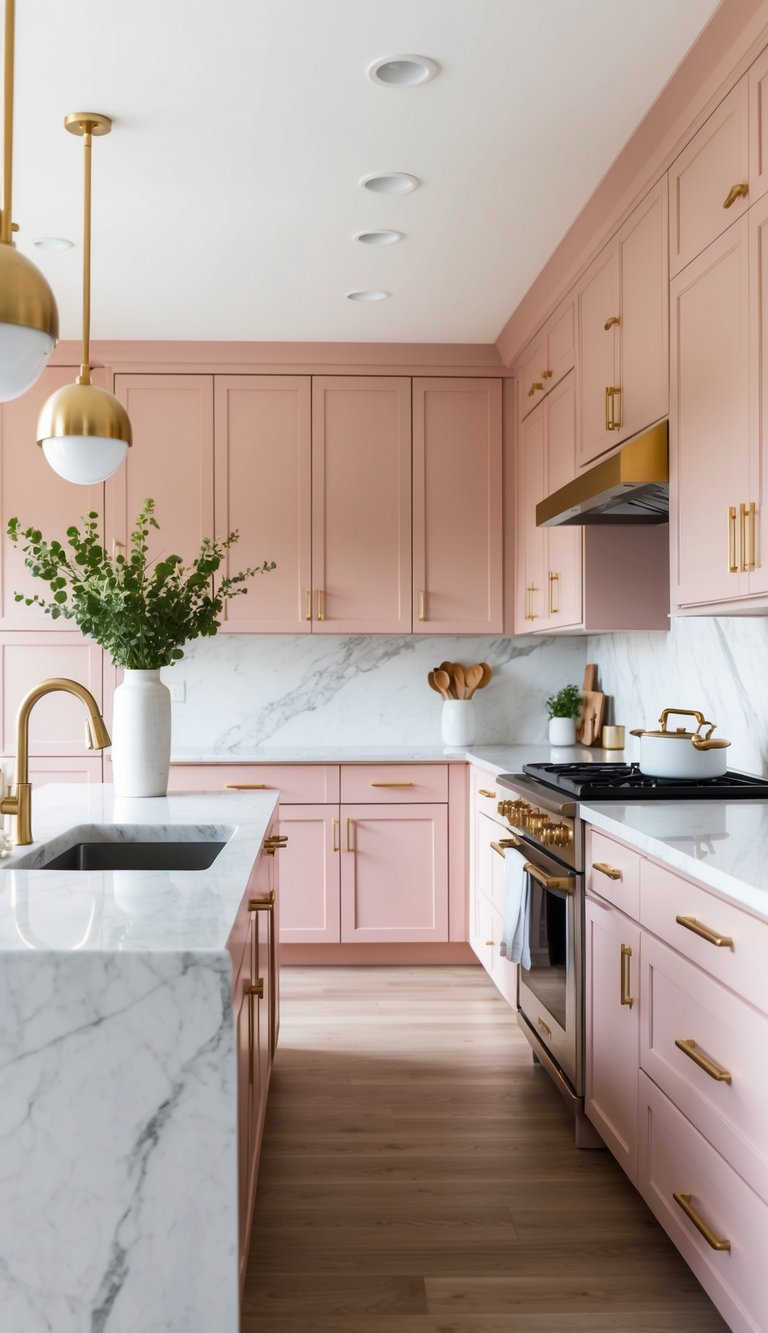 A modern kitchen with soft blush pink cabinets, white marble countertops, and gold hardware. The space is filled with natural light and accented with greenery