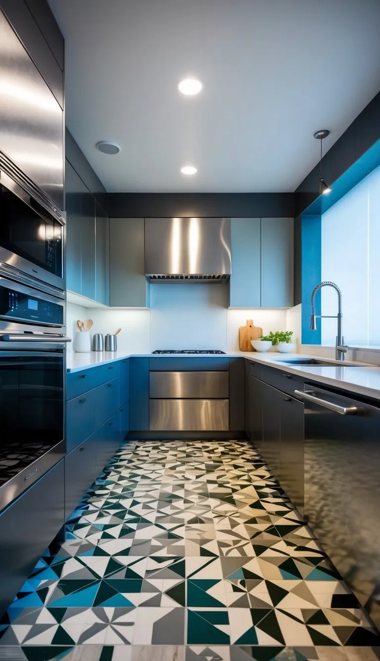 A sleek, modern kitchen with geometric floor tiles in various patterns and colors. Stainless steel appliances and minimalist decor complete the contemporary look