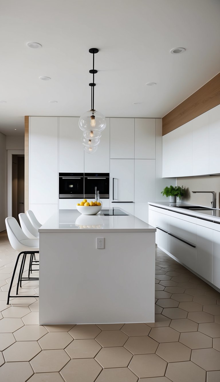 A modern kitchen with sleek white cabinets and a large island, featuring ceramic hexagon tiles in a neutral color on the floor