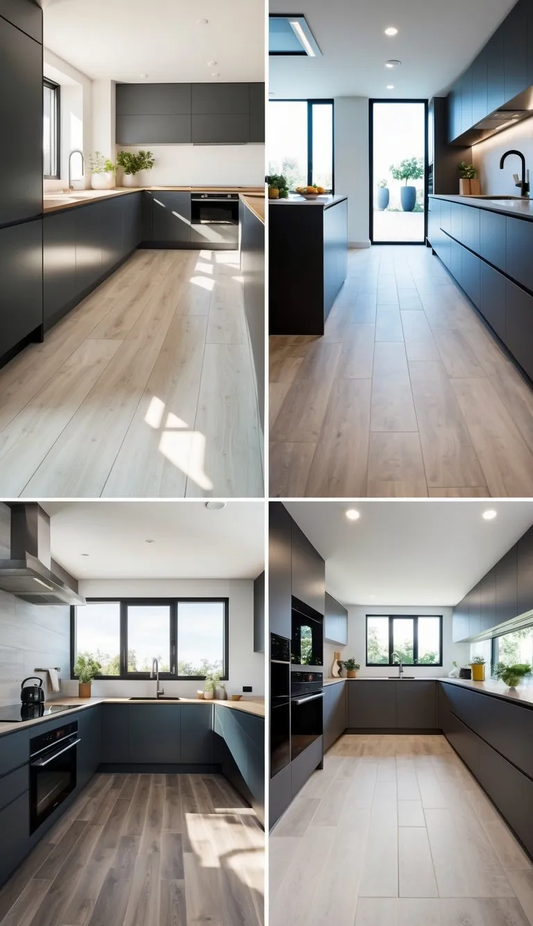 kitchen floor tile ideas: A modern kitchen with sleek porcelain wood look tiles,