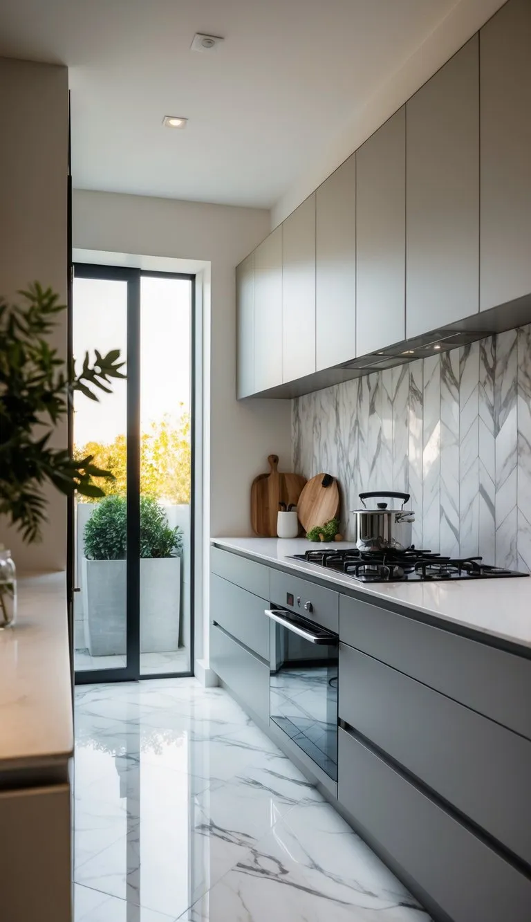 A modern kitchen with sleek marble effect tiles in a geometric pattern