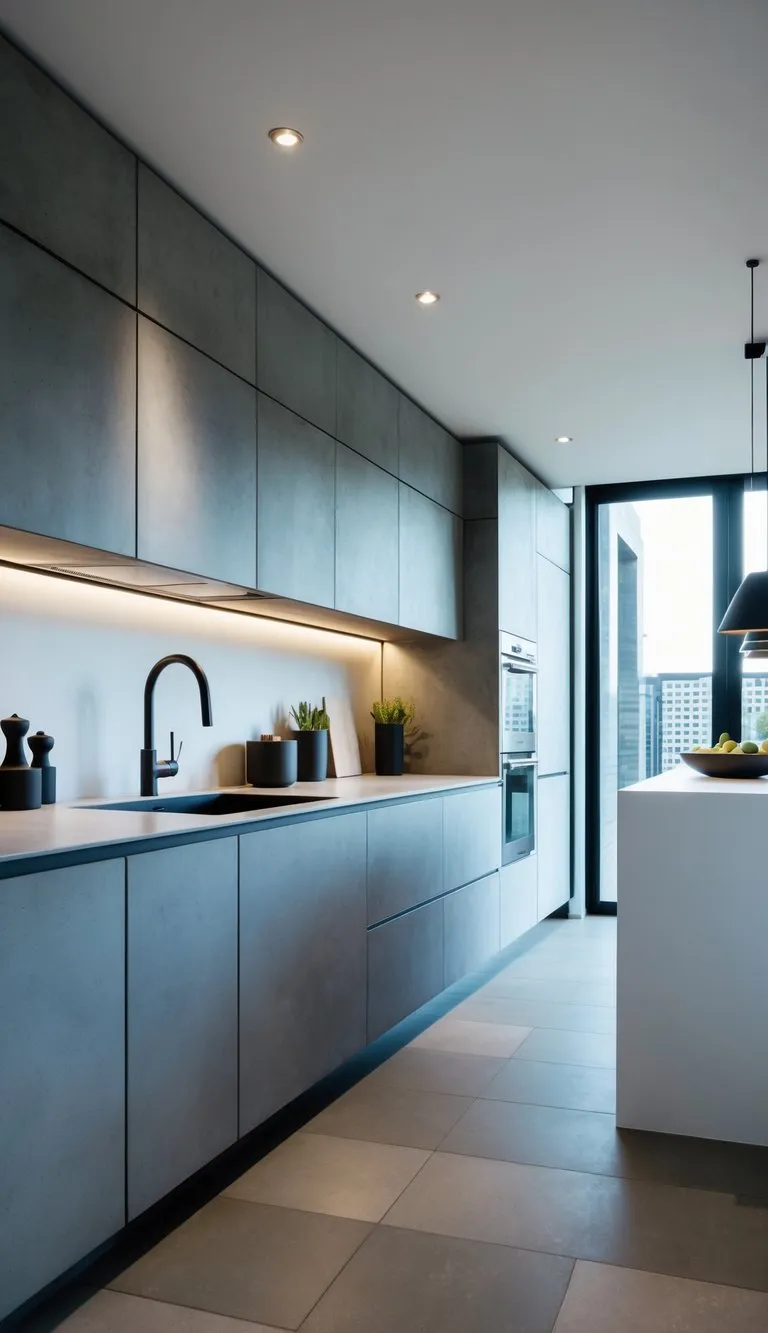 A sleek, modern kitchen with large format concrete tiles in various shades of grey.