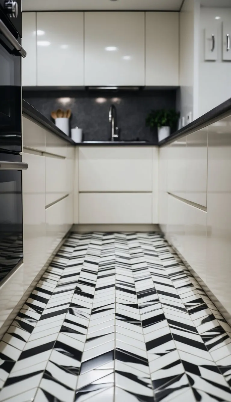 A modern kitchen with sleek, white chevron pattern tiles covering the floor in a geometric, repeating design
