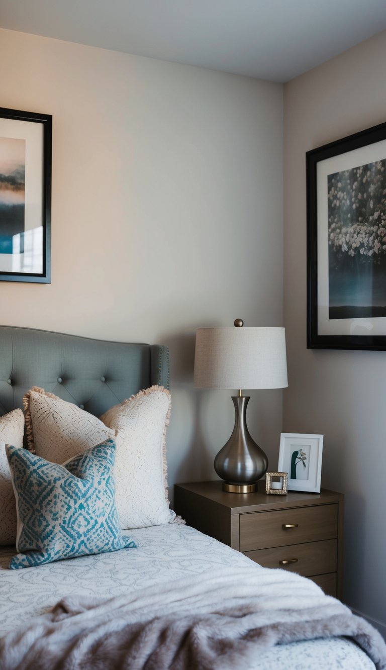 A cozy bedroom with a soft, patterned rug, decorative throw pillows, a stylish bedside lamp, and a framed artwork on the wall
