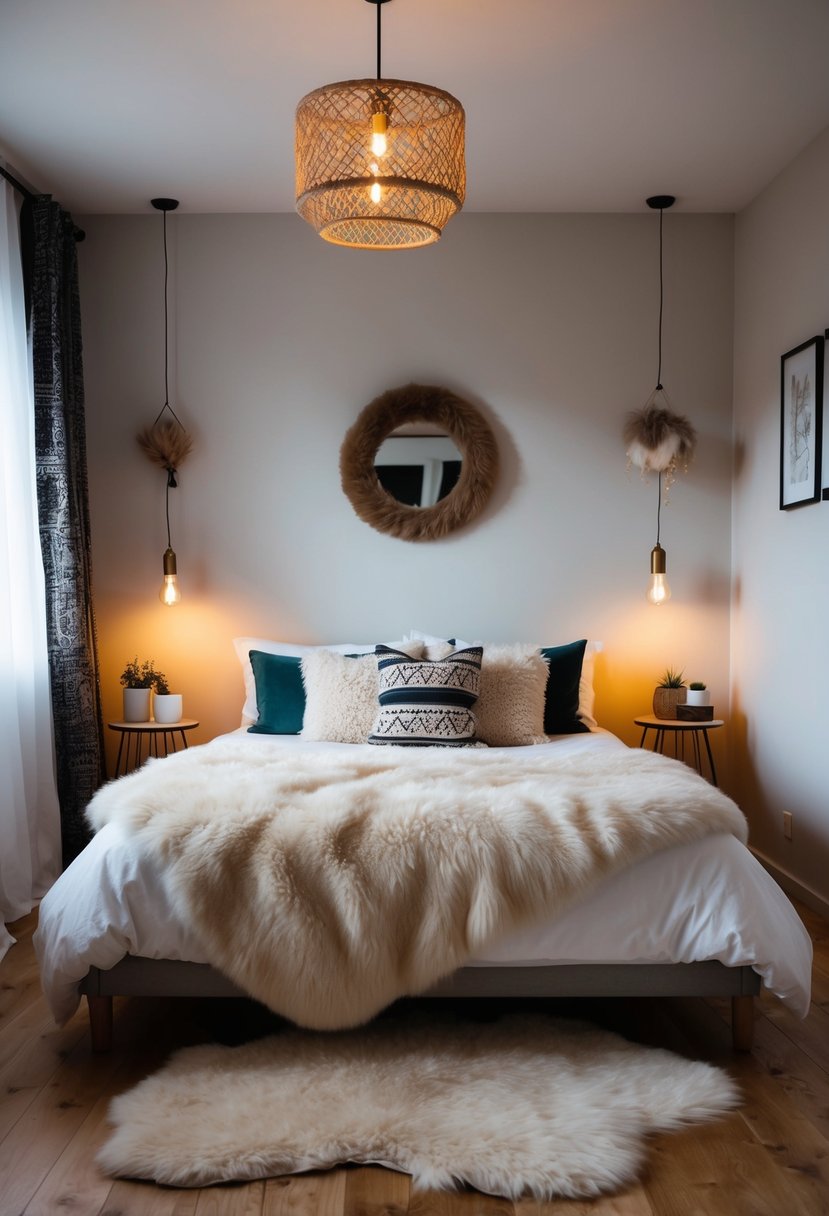 A cozy bedroom with a sheepskin rug, warm lighting, and a mix of bohemian and Scandinavian decor