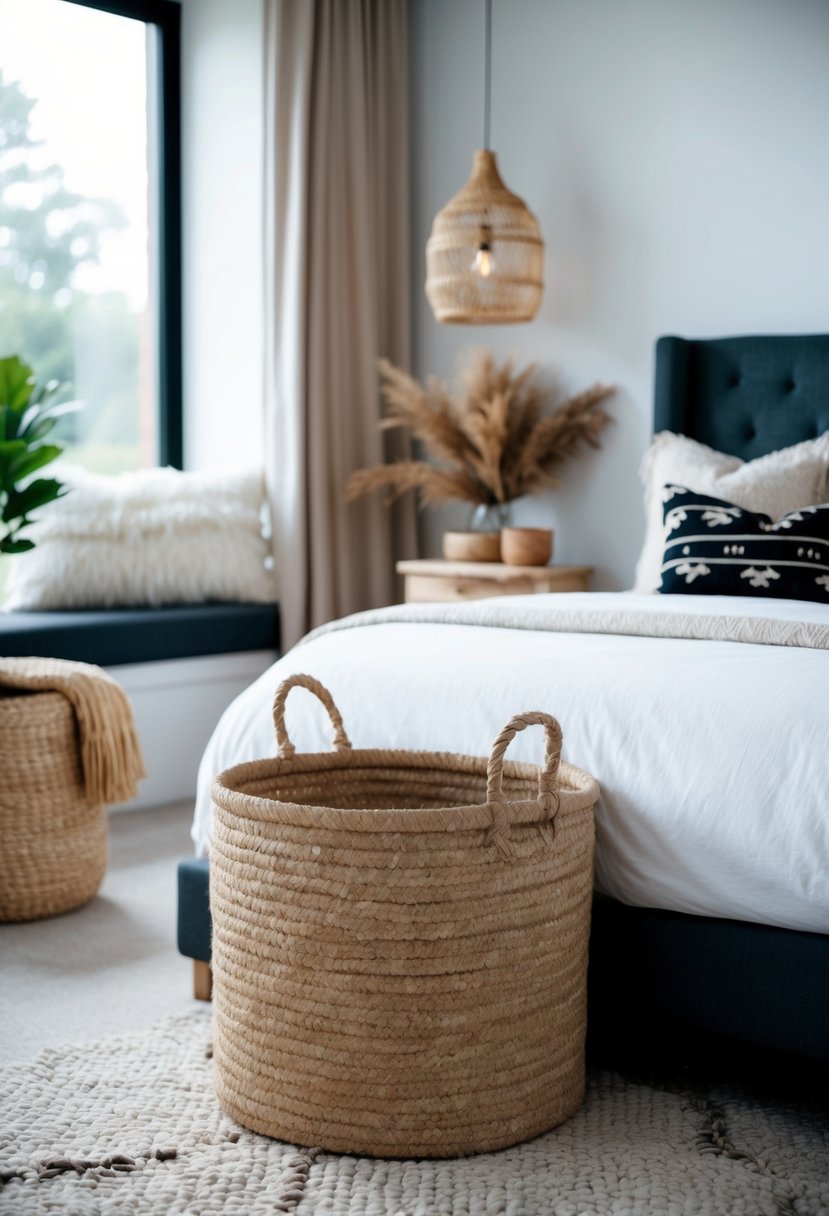 A cozy bedroom with a jute storage basket, incorporating both Boho and Scandi design elements