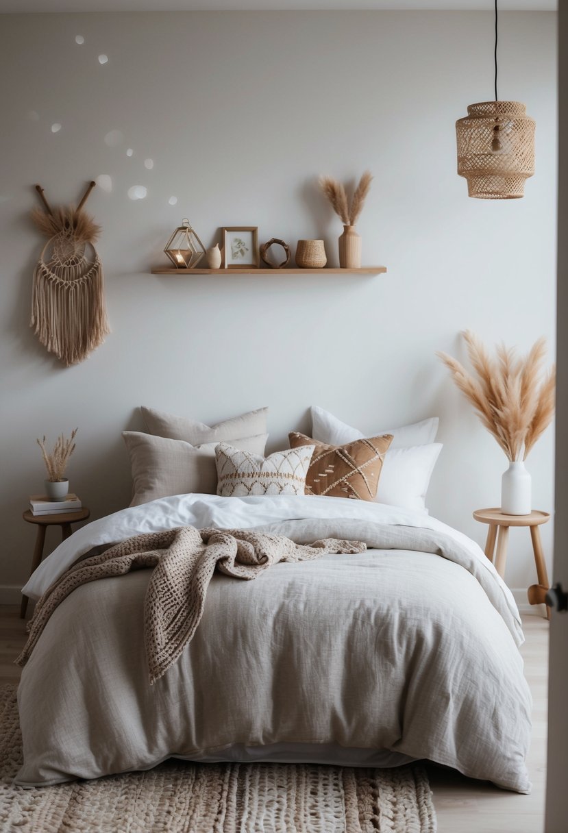 A cozy bedroom with a linen duvet cover, adorned with Boho and Scandi style decor