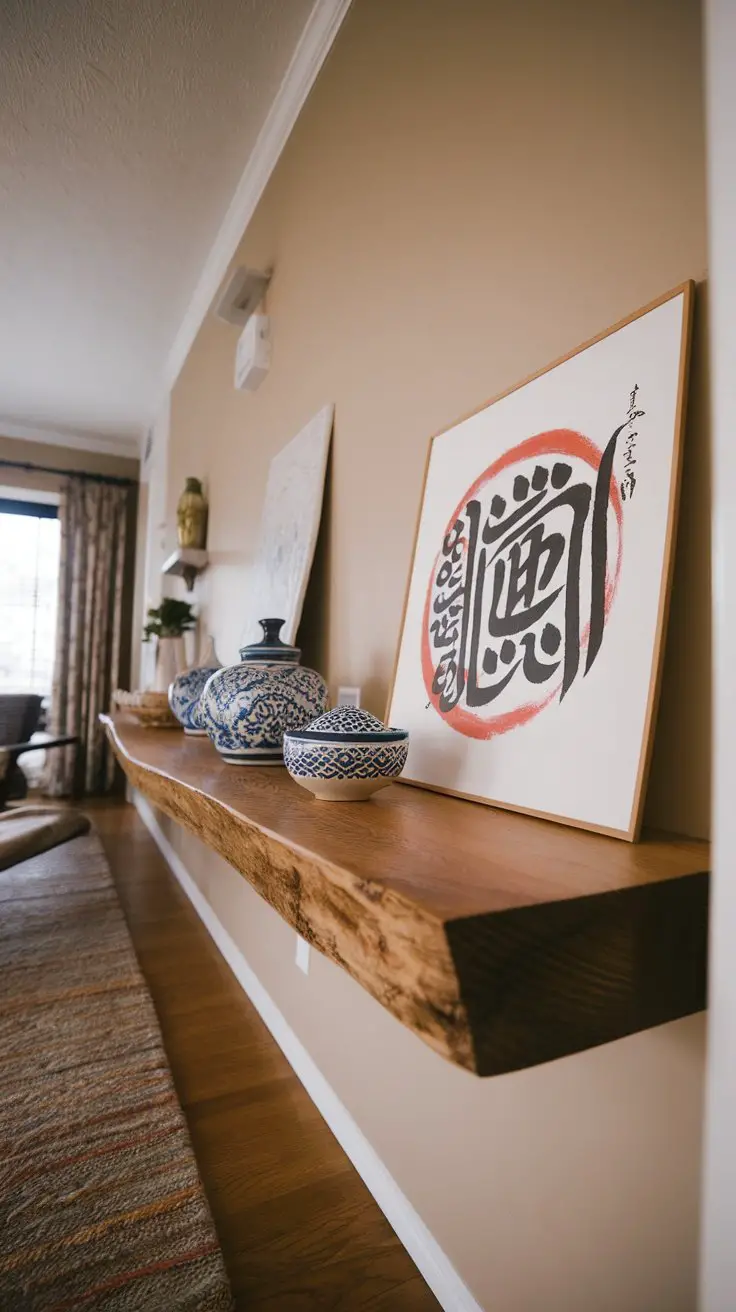 A wooden ledge displaying Moroccan pottery and Japanese calligraphy art in a living room setting
