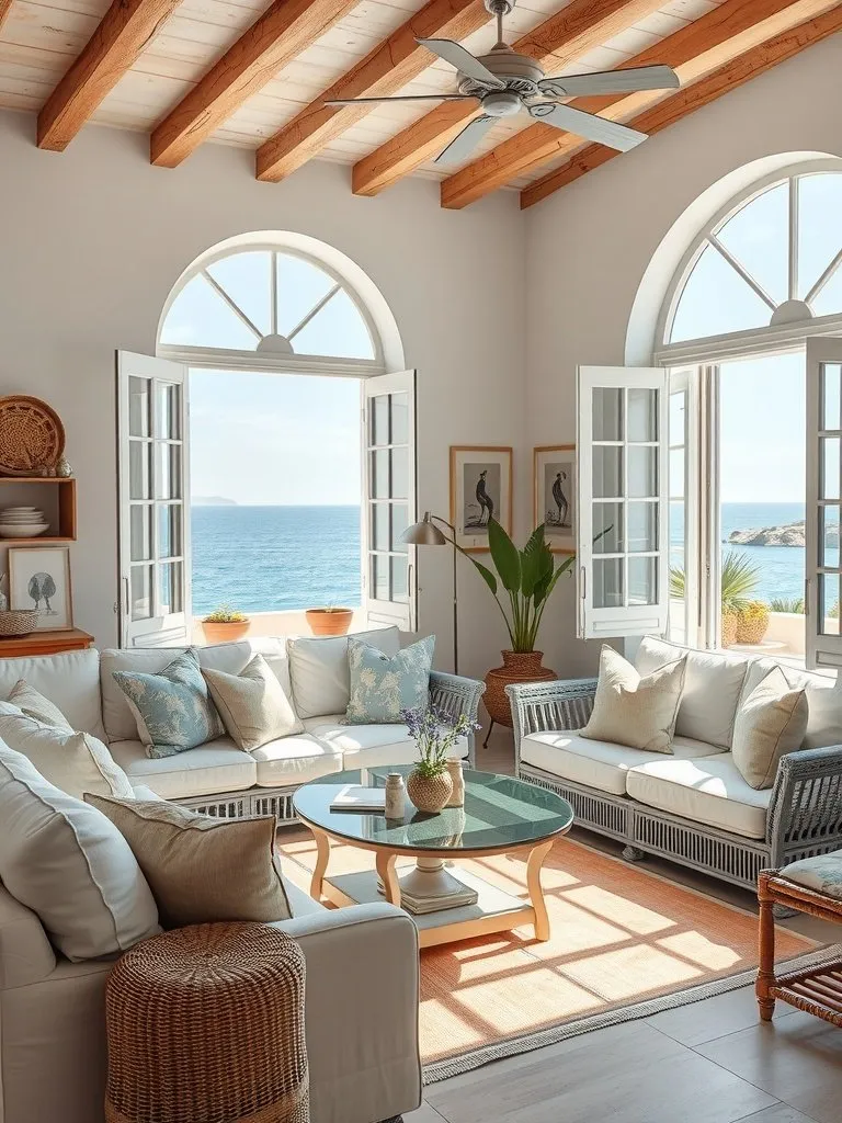 Living room featuring coastal colour palette with blue walls, neutral sofa, and patterned curtains.