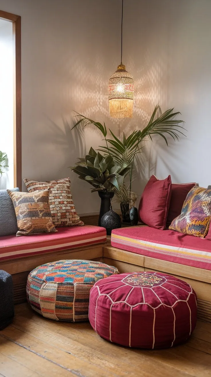 A cozy nook featuring a wooden bench with cushions and colourful poufs.