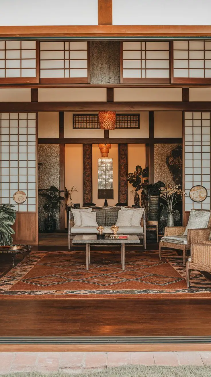 A cozy living room featuring a blend of Japanese and Moroccan decor styles, with low wooden tables, patterned cushions, and plants.