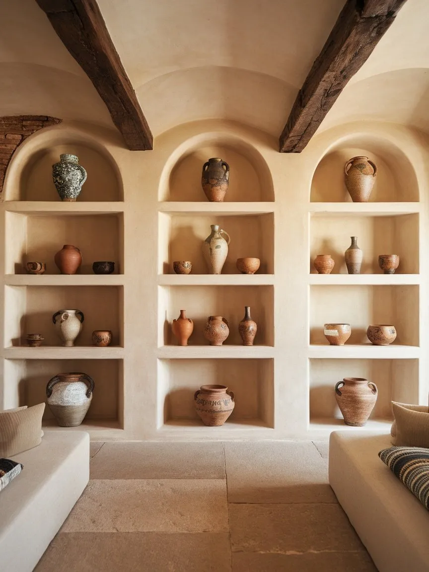 A collection of handcrafted pottery displayed on shelves in a Mediterranean style living room.